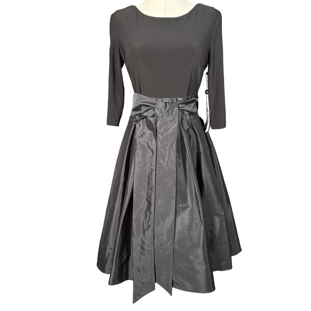Adrianna Papell Black Fit & Flare Dress 4 Taffeta Midi Bow Waist Rhinestone
